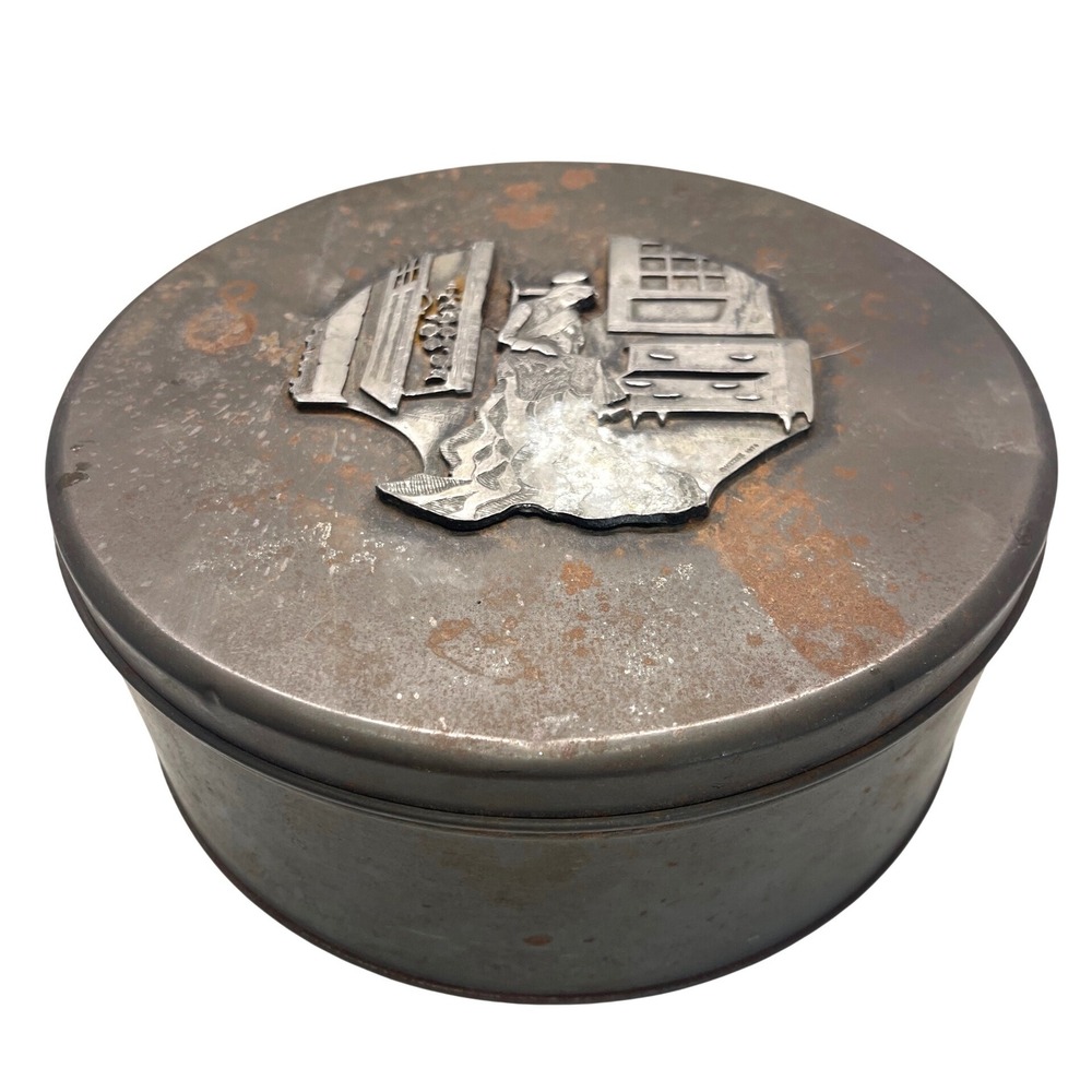 Rare Vintage Metzke Sewing Tin Pewter Button Sewing Kit Storage‎